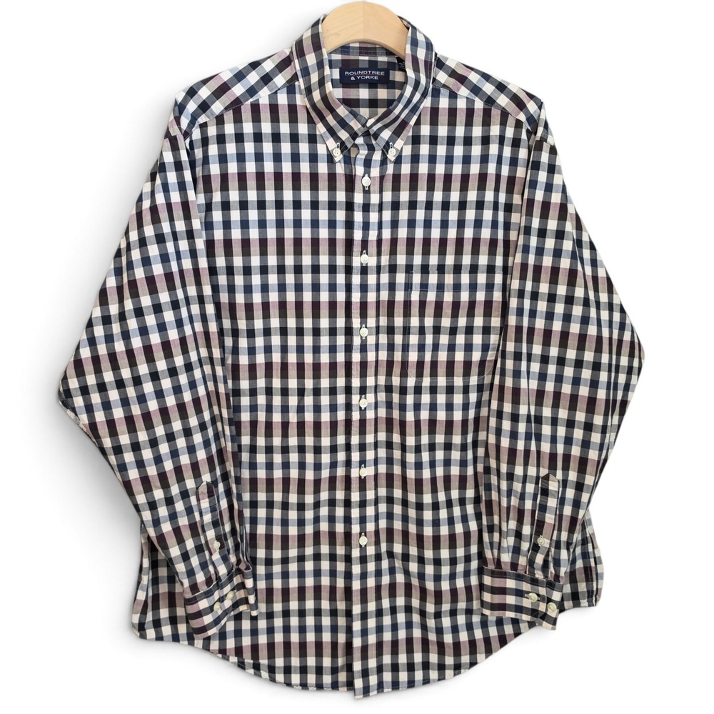 Roundtree & Yorke Shirt Mens XL Blue Gingham Check Long Sleeve Button Down